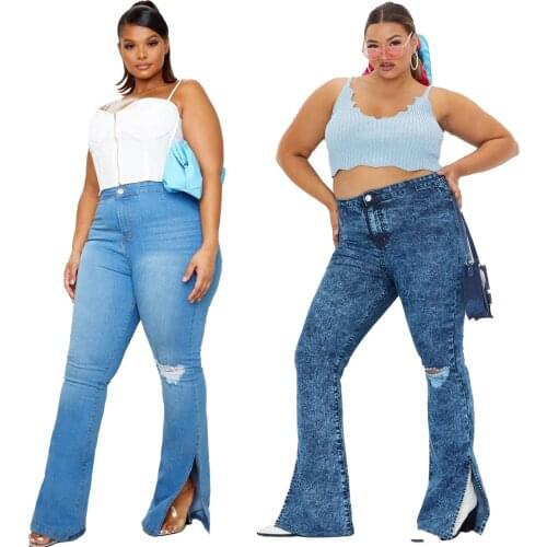 Best Selling Women Plus Size Streetwear Fashion Jeans Autumn Ladys High Waist Ripped Side Split Skinny Flared Denim Trousers