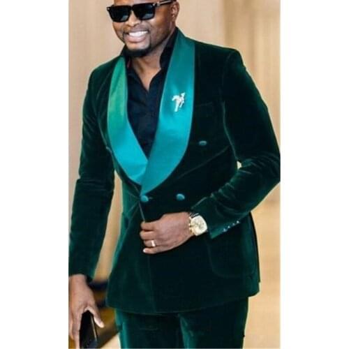 Double Breasted Green Velvet Casual Suits for Men 2 Piece Custom Wedding Groom Tuxedo 2021 Male Fashion Jacket with Pants
