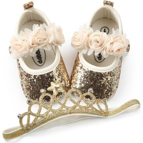 New Baby Girl Shoes Bling Bling Princess Baby Floral Shoes First Walkers Newborn First Walkers For Girls + Crown Headband