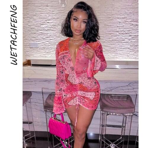 Sexy Pink Bandana Print Women Dress 2021 Mesh Bodycon Deep V Neck Flard Long Sleeve Draw String Summer Skinny Mini Party Clothes