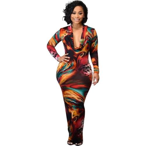 Echoine Women Sexy maxi dresses long sleeve Skinny printed dress female slim elegant off shoulder nightclub party clothing lady