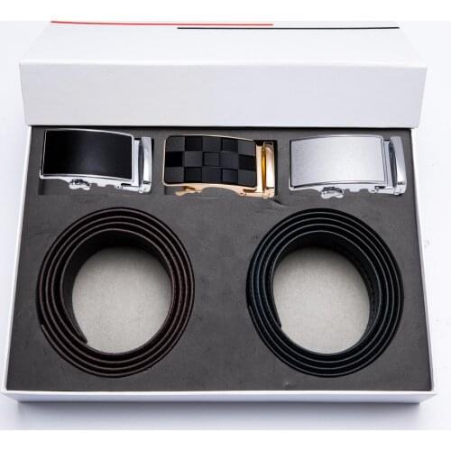 Barry.Wang Men Belt Real Cowhide Belt Sliding Ratchet Buckle Belt Gold Automatic Buckle Waist Strap for Jeans Pants Gift Box