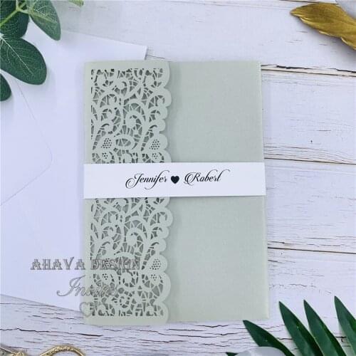 Silver Tri-fold Lace Wedding Invite With Laser Pocket, Belly Band And RSVP Card