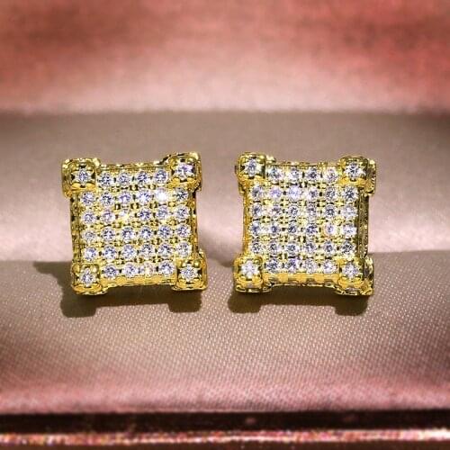 Handmade Hip hop 925 Sterling Silver Created pave Simulated Diamond Wedding Earrings for Men Women Plated yellow gold Jewelry