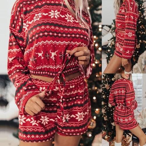 Two Piece Women Christmas Festival Outfit Shorts Elk Snowflake Print Long Sleeve Blouse Crop Top Pullover