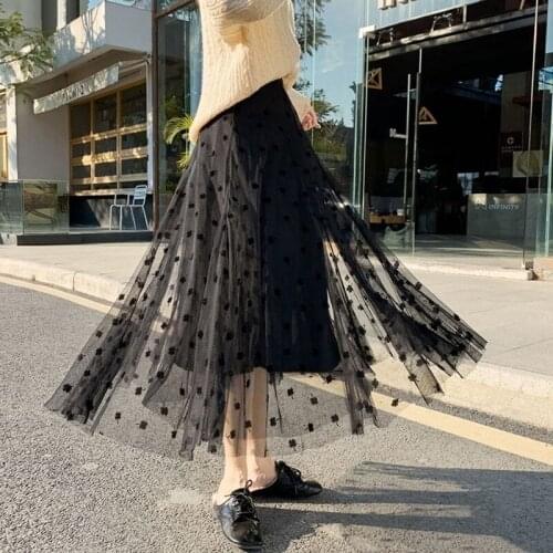 2021 New Spring Autumn Tulle Skirt Women Fashion Elegant Four-leaf Clover Flocking High Waist Pleated Midi Skirts Female Y323