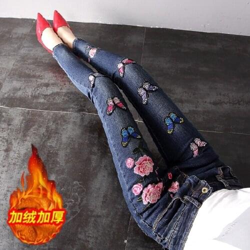 Plus velvet women new fashion butterfly embroidery denim feet skinny pencil jeans women plus size
