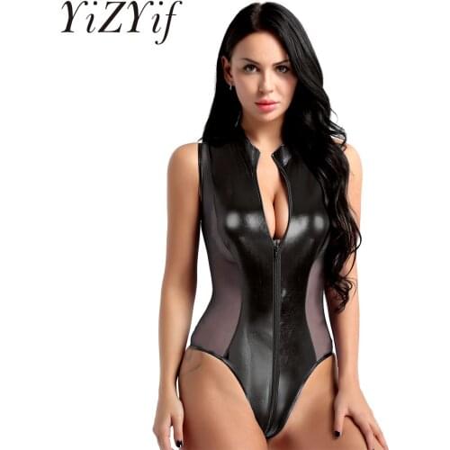 Women Shiny Metallic Wetlook PU Leather Latex Catsuit Sexy Costume Clubwear Zipper Open Crotch High Cut Thong Leotard Bodysuit