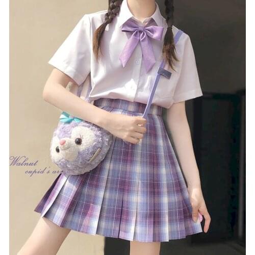 2021 Summer Jk Uniform 2 Piece Set Women Female Korean Version Short-sleeved Shirt Student Purple Pleated Skirt Kawaii Clothes