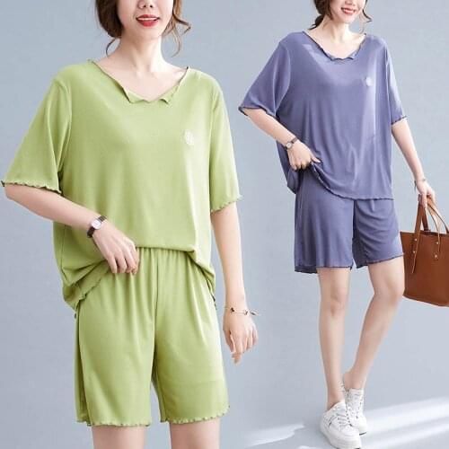 150Kg Plus size womens summer hort-sleeved shorts pit strip suit bust 148-158cm 5XL 6XL 7XL 8XL loose V-neck wave edge suit