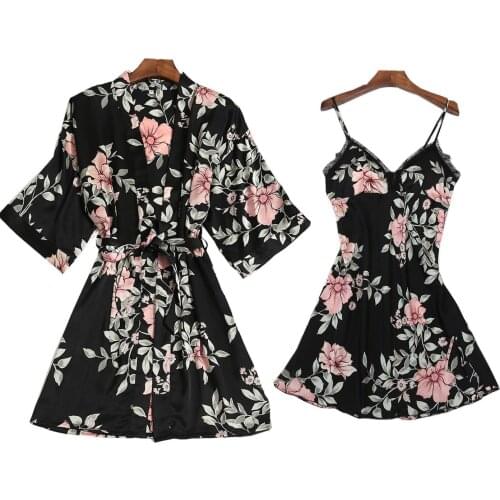 Pajamas Set Sexy Womens Silk Strap Pijamas 2PCS V-Neck Nightdress Robe Gown Lady Sleep Suit Sleepshirt Kimono Home Negligee