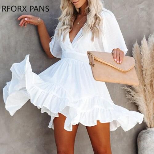Women Solid V-Neck Short Sleeve Fit & Flare Ruffle Dress Summer Party Dress