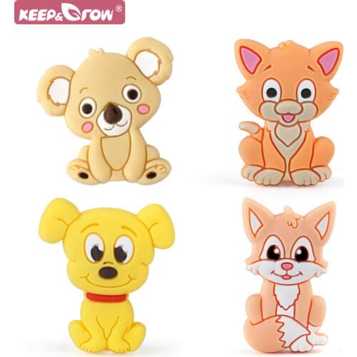 10pcs Animal Silicone Teether Beads Koala Dog Cat Fox BPA Free DIY Baby Teether Chain Mini Pearl Infant Teething Oral Care Bead