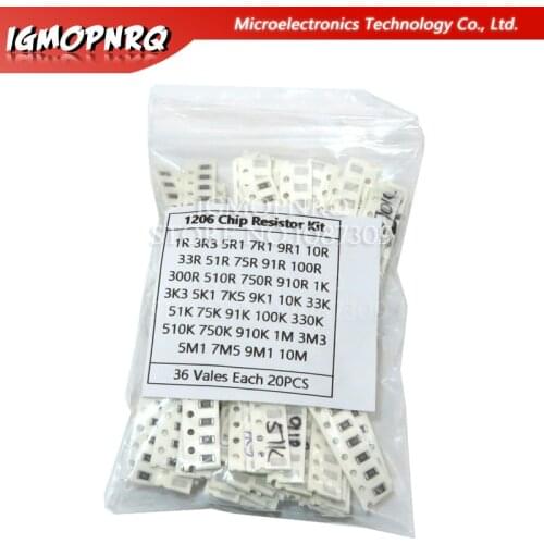 36Value * 20PCS =720PCS 0603 0805 1206 SMD Resistor Kit Assorted Kit 1 ohm- 10M ohm