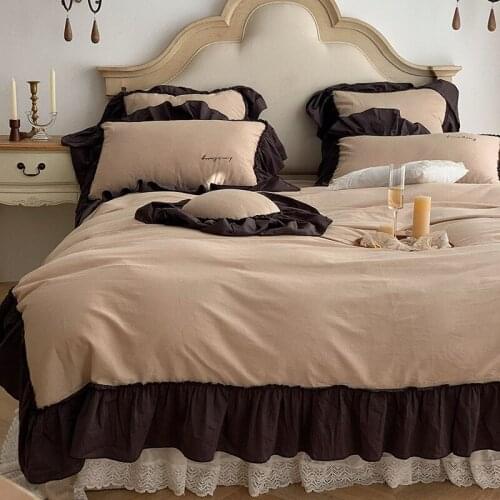 Princess Style Bedding Sets Washed Long Staple Cotton Vintage Lace Nude Sleep Sheets Super Soft Duvet Cover King Queen 4 PCS