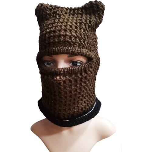 BomHCS Funny Hollow Grid Mask Handmade Knitted Braid Ears Beanie Party Halloween Gift Winter Hats