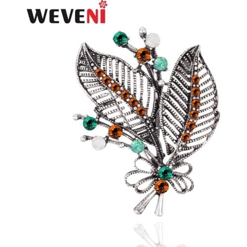 WEVENI Alloy Rhinestone Leaf Foliage Brooches Scarf Clothes Decoration Pin For Women Fashion Plant Jewelry Lady Accessories Bulk