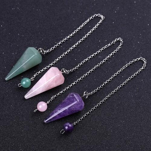 15x35mm Natural Healing Crystal Stone Reiki Pyramid Hexagonal Black Obsidian Pendulum Chain Pendant For Men Women Jewelry