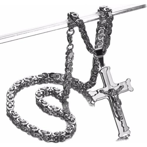 Jesus Cross Silver Color Chain Necklaces Men Women Pendant Stainless Steel With 6MM Byzantine Chain Christian Crucifix Jewelry