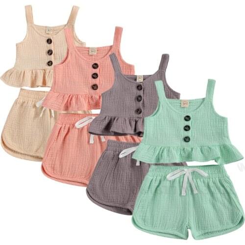 Kids Girls Cotton Linen Clothing Summer Casual Two-piece Clothes Set Sleeveless Tops+High Waist Shorts Solid Color Children Sets