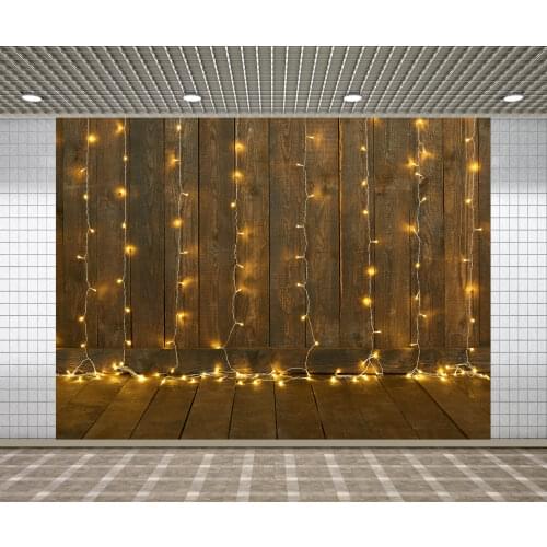 Lyavshi Shiny Wood Wall Photography Backdrop A String of Festive Lights Wedding Christmas Background for Photo Studio Custom