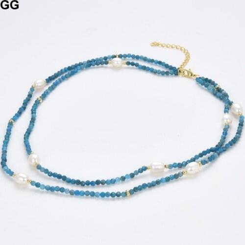GuaiGuai Jewelry Natural Faceted Blue Kyanite Cultured White Rice Pearl Necklace 17.5" For Women