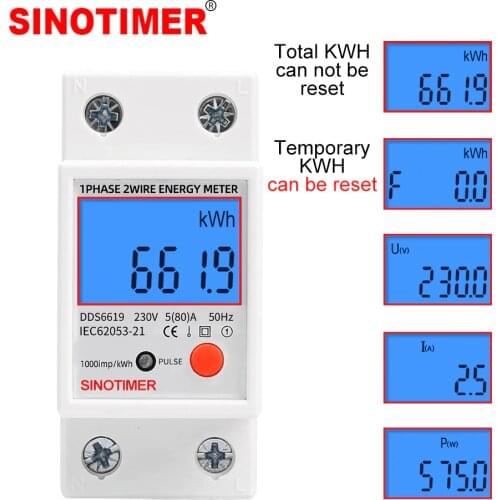 Backlight Single Phase 230V 5(80)A Digital Wattemeter Din Rail Electric KWH Power Meter Voltmeter Ammeter with Reset function