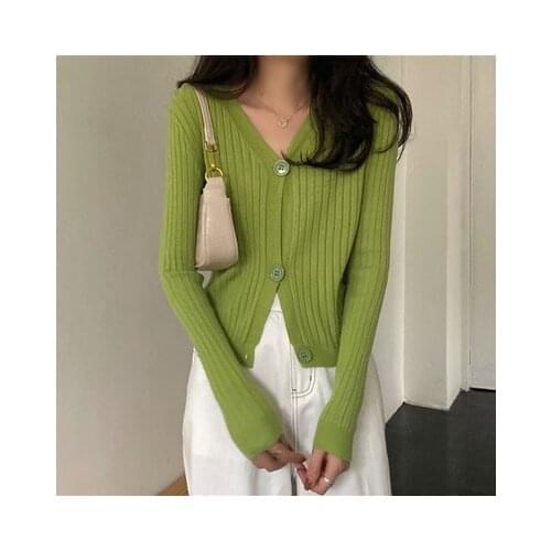 Womens Casual V-neck Knitted Cardigan Top Autumn Winter 2021 New Retro Style Sweater With Long Sleeve Short Solid Color Coat