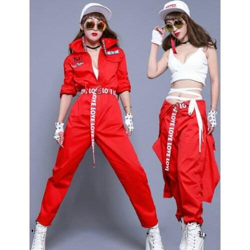 Jazz Dance Costumes Adult Red Long Sleeve Tooling Jumpsuit Hip Hop Clothing Street Dancewear Women Dj Rave Stage Outfit DT1059