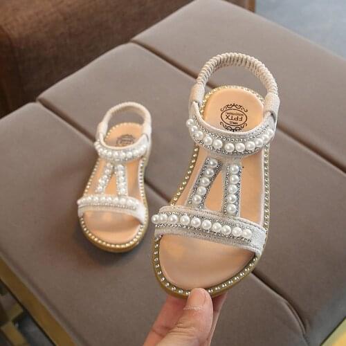 Summer Girls Slip-on Pearls Sandals Kids Baby Korean Open-toed Princess Dress Shoes Childrens Non-slip Beach Shoes New 2021