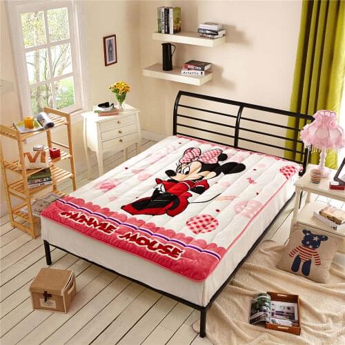 Disney Cartoon Minnie Mouse Print Mattress Protection Pad Mattress Topper Bedding Children Girls Bedding Flannel Polyester Pink