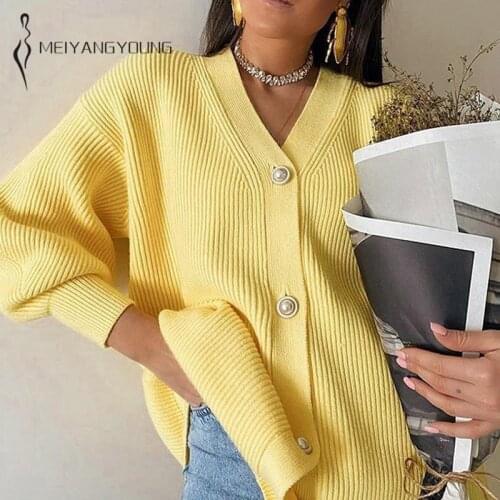 MEIYANGYOUNG Casual Long Chic Knitted Cardigan Female Loose Lantern Sleeve ladies Sweater V Neck Oversize Sweaters Jackect