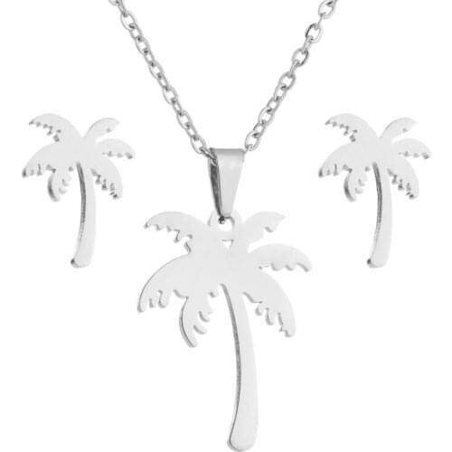 Fashion women coconut tree jewelry set stainless steel small tree necklace and earrings set