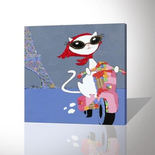 Modular Wall Paintings Hand Painted Modern Animal Canvas Oil Painting on Canvas Abstract Cool Cat by Motorcycle Pictures Artwork