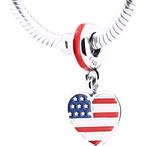925 Sterling Silver Charms Fits for Pandora Bracelet US Heart Flag Dangle Beads with Blue Red White Enamel for Women Jewelry