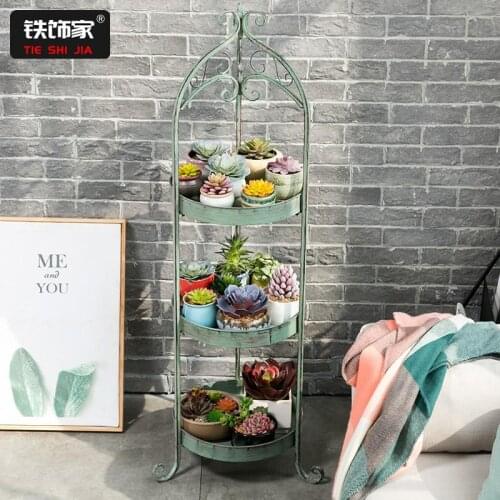 Balcony flower rack wrought iron multi-layer indoor living room green flower pot shelf round retro green flower shelf rack