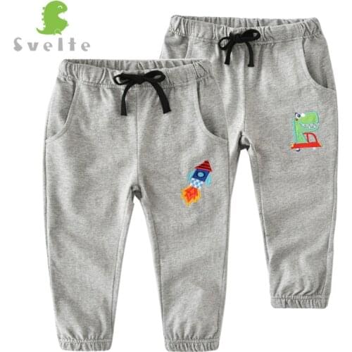 SVELTE Kids Boys Harem Casual Gray Cotton Pants Coton Trousers with Embroidery Cartoon Pattern for 2-8Y Children Sweatpants