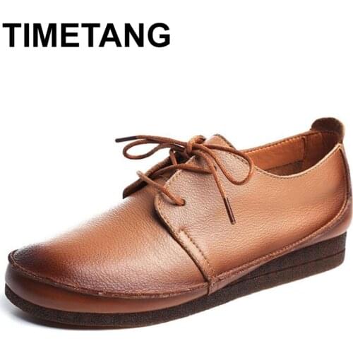 TIMETANG2019 autumn women genuine leather shoes women oxford flat shoes women laces boat shoes round toe shoes loafersE1428