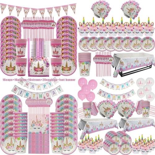 51-86pcs Birthday Decoration Unicorn Party Supplies Disposable Tableware Set Baby Shower First Birthday Girl Party Decorations