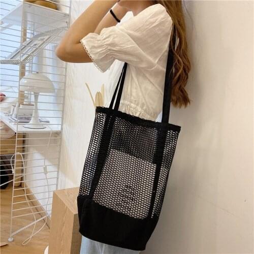 2020 Women Shoulder Bags Mesh Hollow Canvas Shopping Bags Summer Beach Bags Girls Casual Handgbags Tote Black White