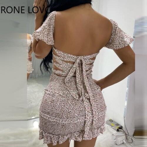 Women Floral Bandage Backless Frill Hem Shirring Design Casual Dress Elegant Fashion Chic Dress