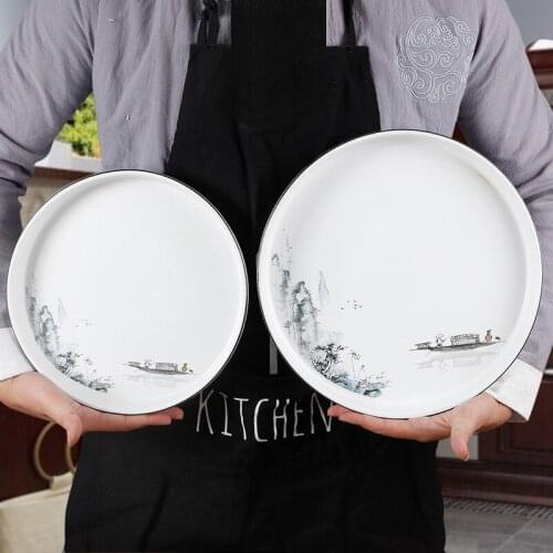 11-12 inch Black and white ceramic Landscape painting Japanese large round deep plate Steak Pasta Salad Plate platter
