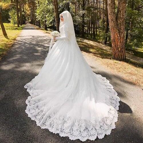 White Appliques Muslim Wedding Dresses Turkish 2020 Custom Long Train Bridal Gowns Long Sleeve kaftans Saudi Arabia Bride Dress