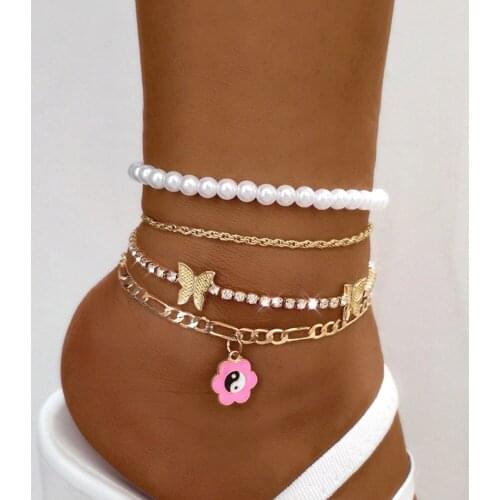 Bohemian Multilayer Metal Chain Anklets For Women Simple Gold Color Butterfly Pearl Ankle Chain Anklet Bracelet Beach Jewelry