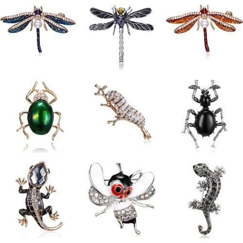 Crystal Lizard Brooches for Women Cute Bee Dragonfly Beetle Silkworm Animal Pins Enamel Rhinestone Jewelry Accessories Wholesale