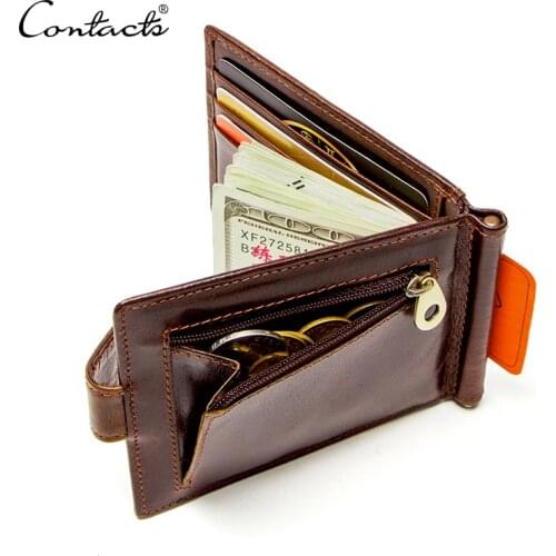 CONTACTS cow leather money clip men card wallet thin money clamp for 10 cards male bifold credit card case with zip coin pocket