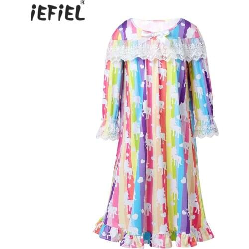 Kids Girls Night Dress Long Sleeve Lace Embroidered Rainbow Cute Cartoon Print Princess Night Gown Sleepwear Girls Pajamas Dress
