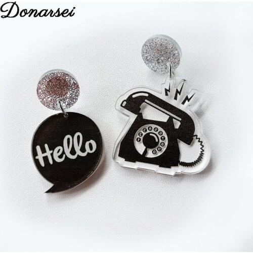 Donarsei Creative Asymmetric Telephone Drop Earrings For Women Vintage Letter Hello Phone Acrylic Dangle Earrings Gift