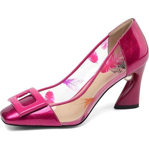 Patent Leather Pumps Women Square Toe Footwear Transparent Print Pvc Pearl Shoes Female High Heels Shoes Woman Spring 2020