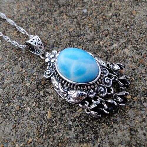 Hot Selling Beautiful 925 Sterling Silver Natural Dominca Larimar Fish Pendant Necklace For Gift